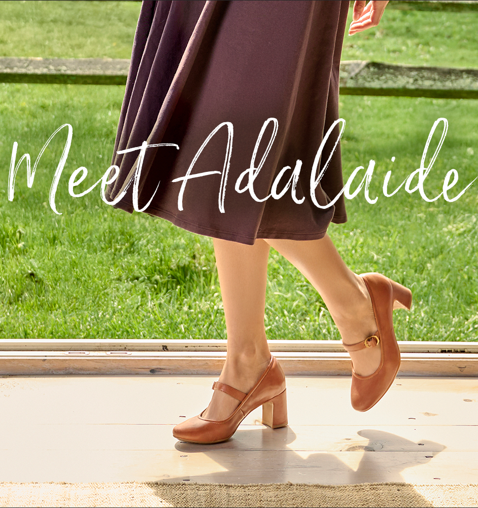 Model wearing The Adalaide brown Mary Jane heels with a dress outdoors