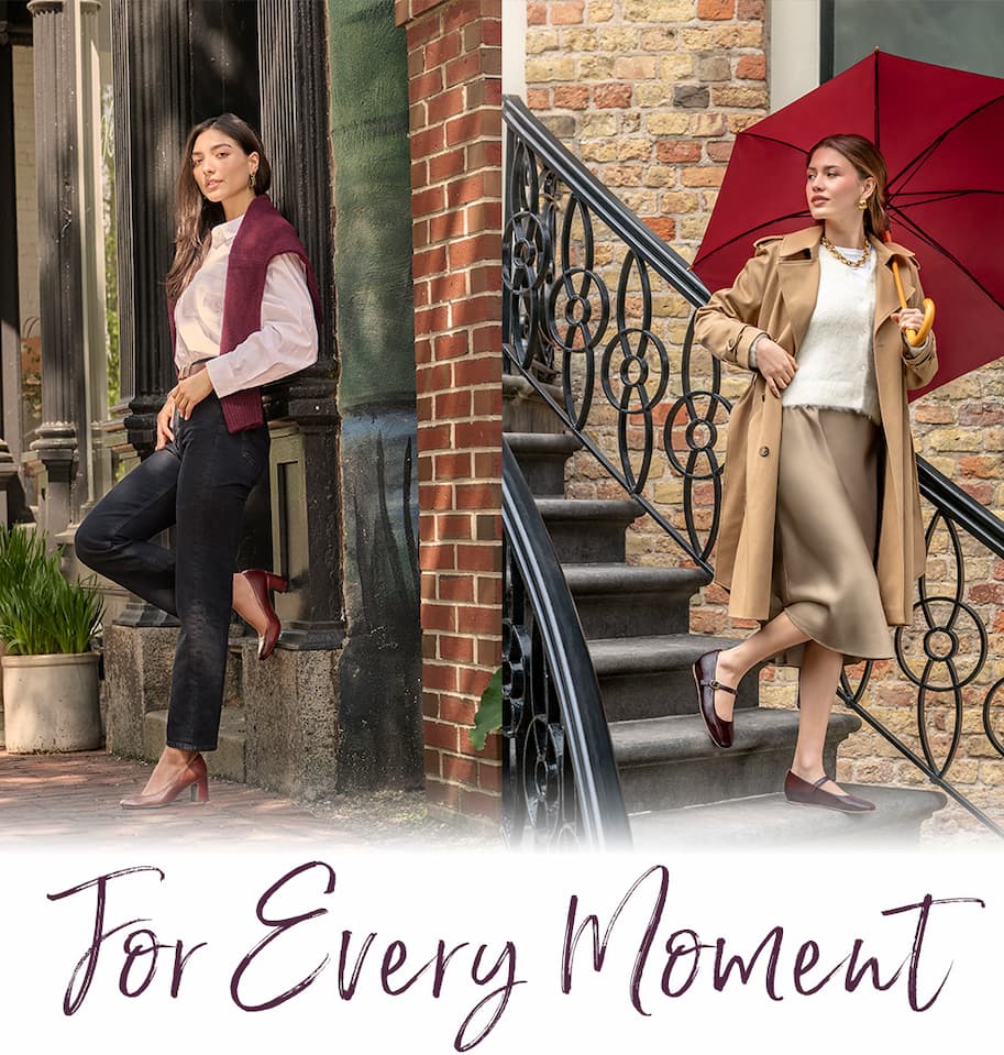 Models wearing Sofft's dress styles with. text that reads "For Every Moment"