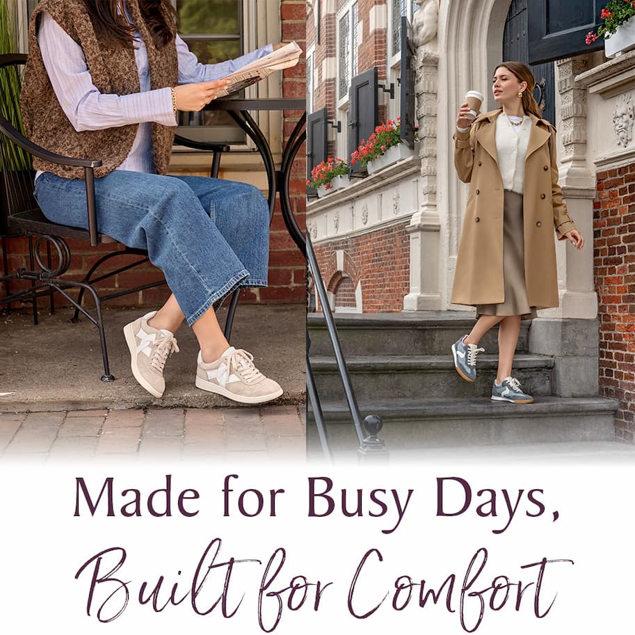 Model wearing casual sneakers by Sofft styled for everyday comfort, with text that reads 'Made for Busy Days, Built for Comfort.'