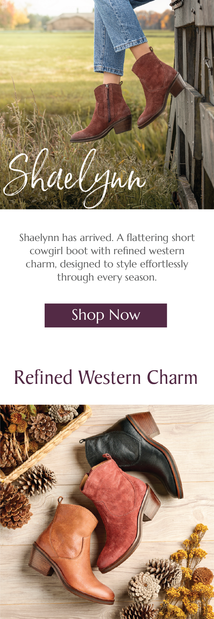 Shaelynn short cowgirl boots with refined western charm, styled for every season.