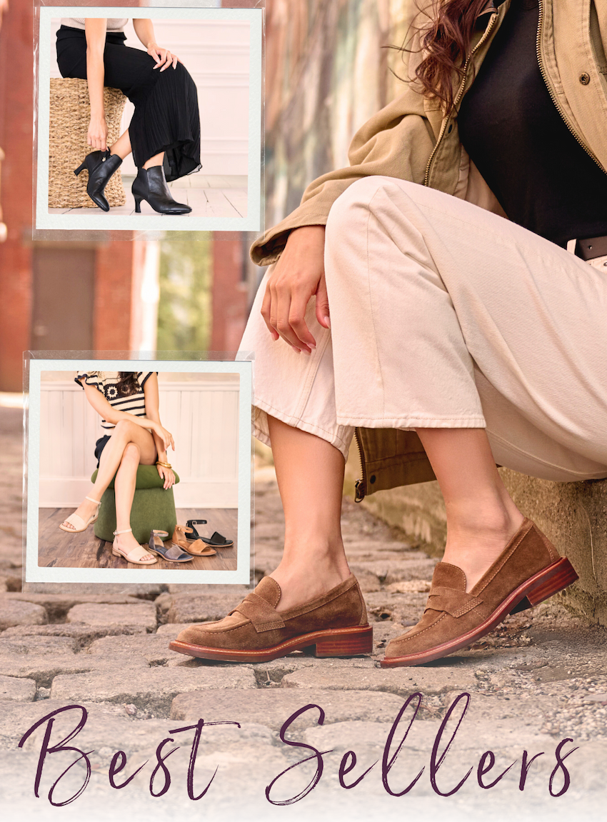 Model wearing Söfft Mara black ankle boots, Söfft Sasha strappy sandals, and Söfft Faxyn brown suede loafers styled in casual and chic outfits