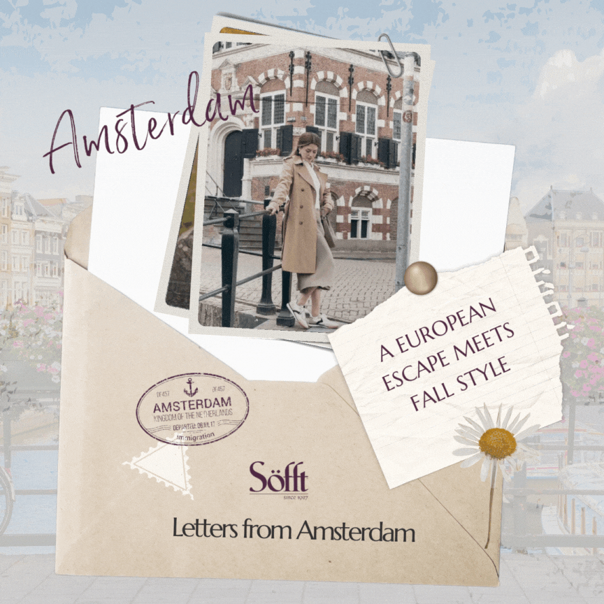 Envelope with travel photos and text overlay, “Letters from Amsterdam – A European Escape Meets Fall Style