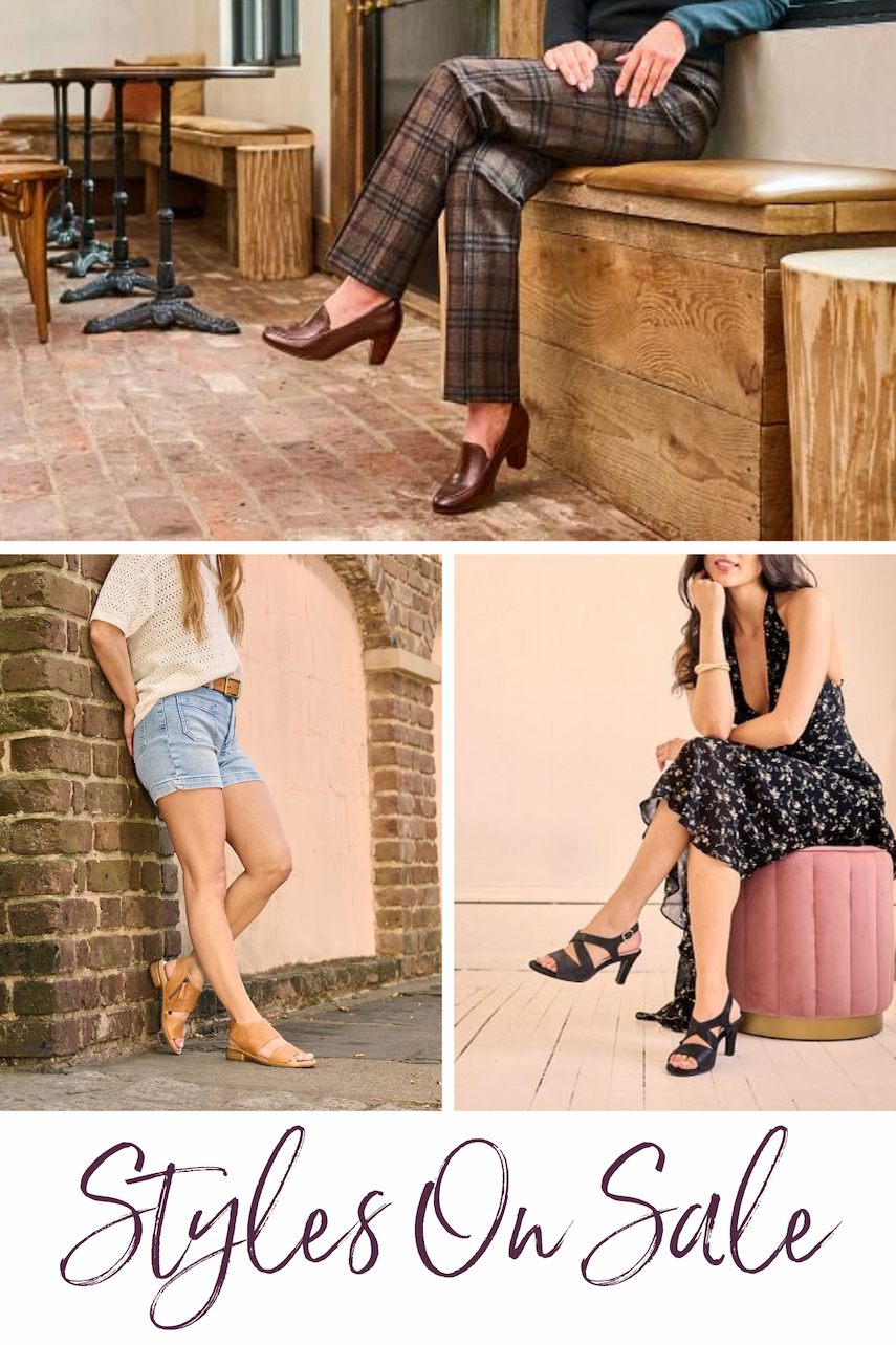 Lifestyle shots of Sofft Styles on Sale Feat. Jolene, Lucinda, and Felicity with text that Reads " Styles On Sale"