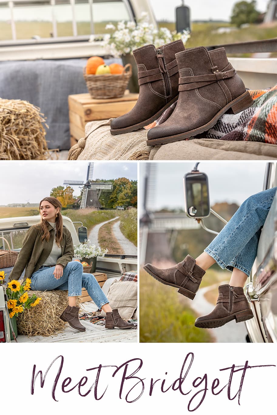 Lifestyle shots of Bridgett ankle boots styled for fall outdoors.