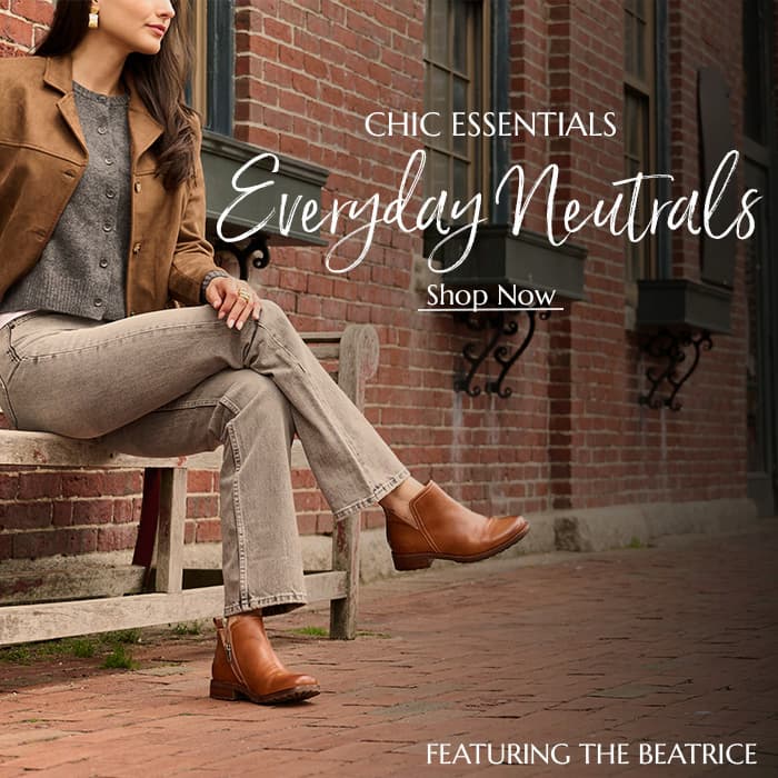 Model wearing Sofft's Beatrice with text that reads " Chic Essentials Everyday Neutrals" Shop now Cta