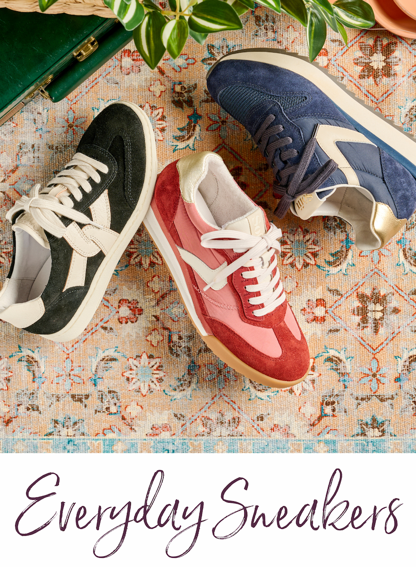 Flat Lay image of Sofft's Sneakers. Featuring Sofft's Kat, Ramsie and Janey with text that reads "Everyday Sneakers"