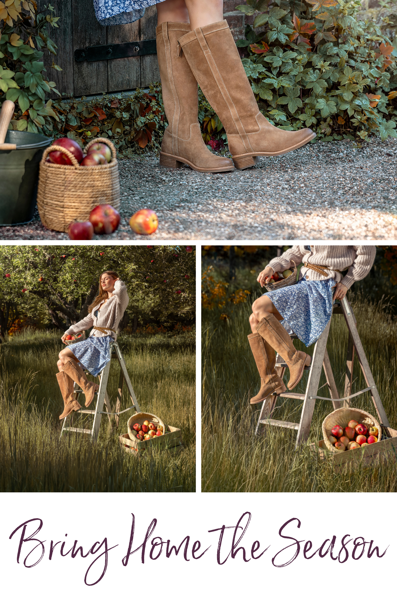 Sofft's Samantha II knee-high boots styled with a blue floral dress during apple picking, basket of apples nearby. Text overlay reads 'Bring Home the Season