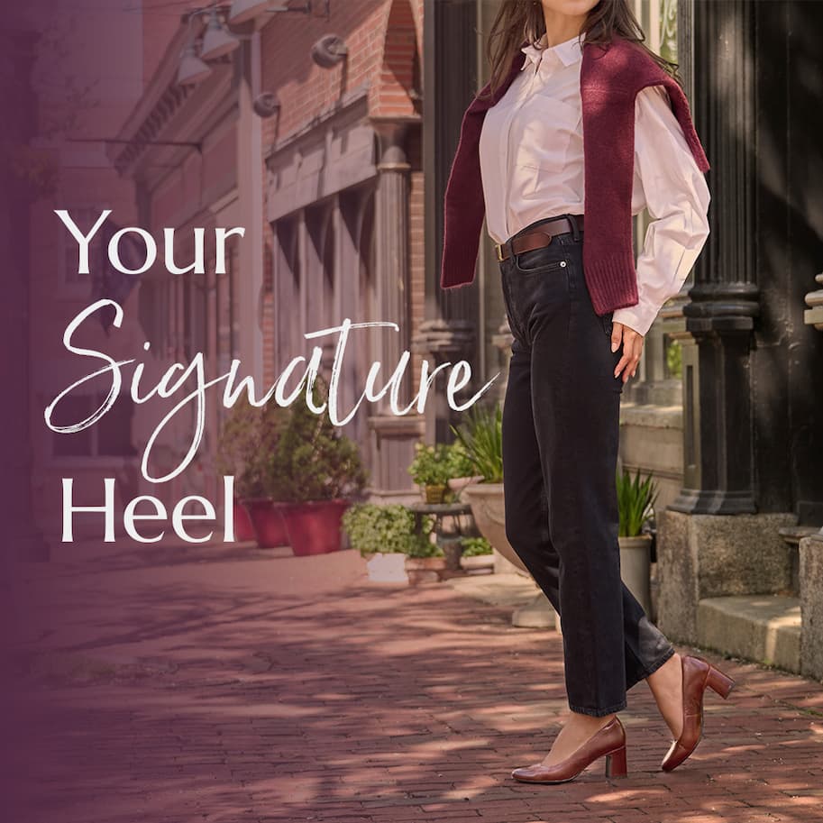 Model wearing Sofft's Anna Marie with text that reads " Your Signature Heel"