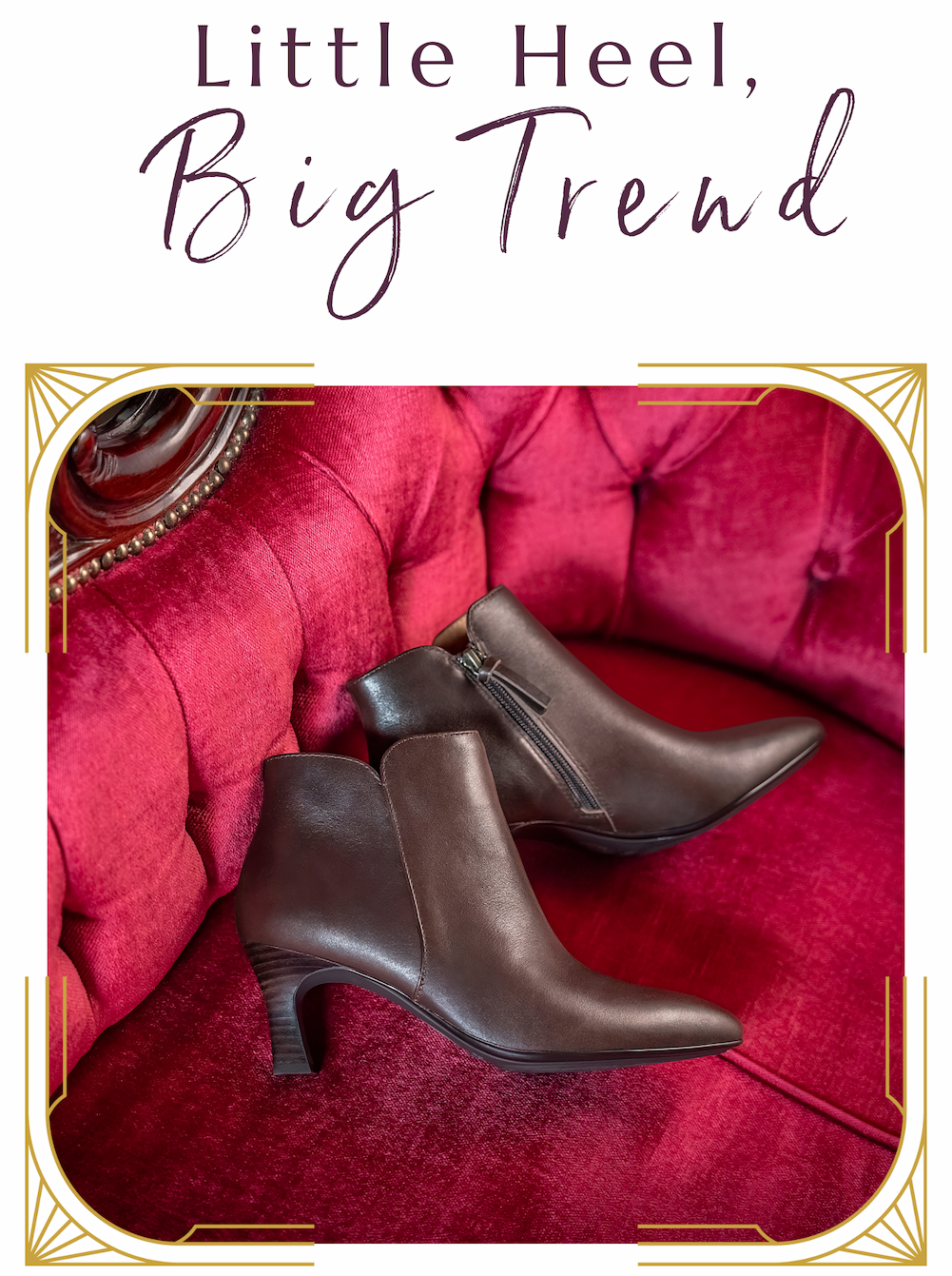 Sofft's Sasha in Chocolate with text that reads " Little Heel, Big Trend"