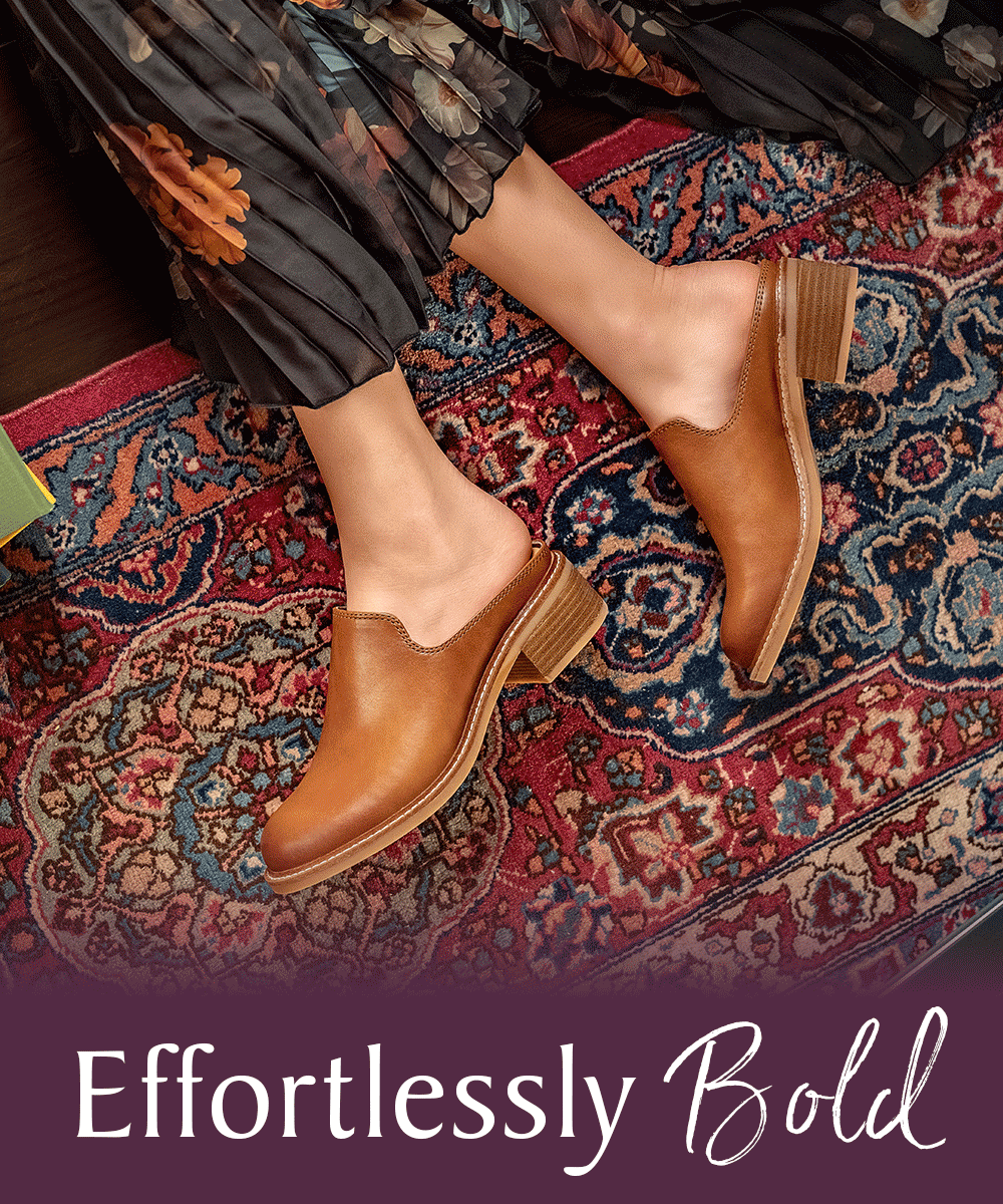 GIF Graphic of Sofft's Trinity Mule with text "Effortlessly Bold" 