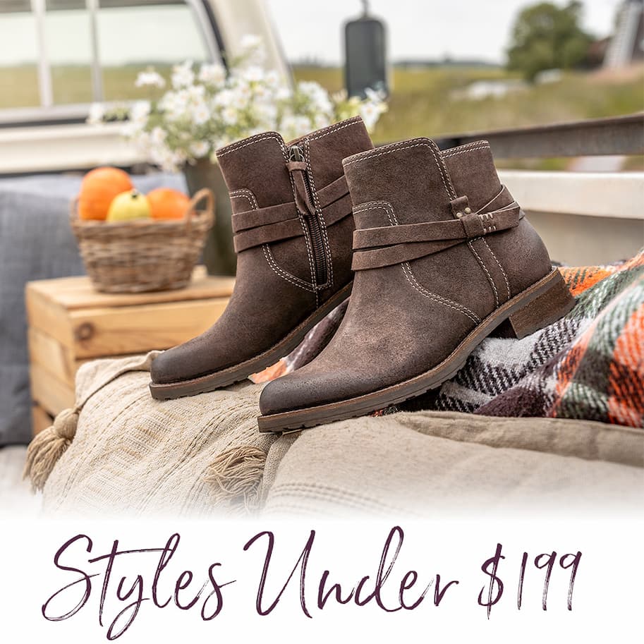 Sofft's Bridget in Dark Brown with text that reads "Styles Under $199"