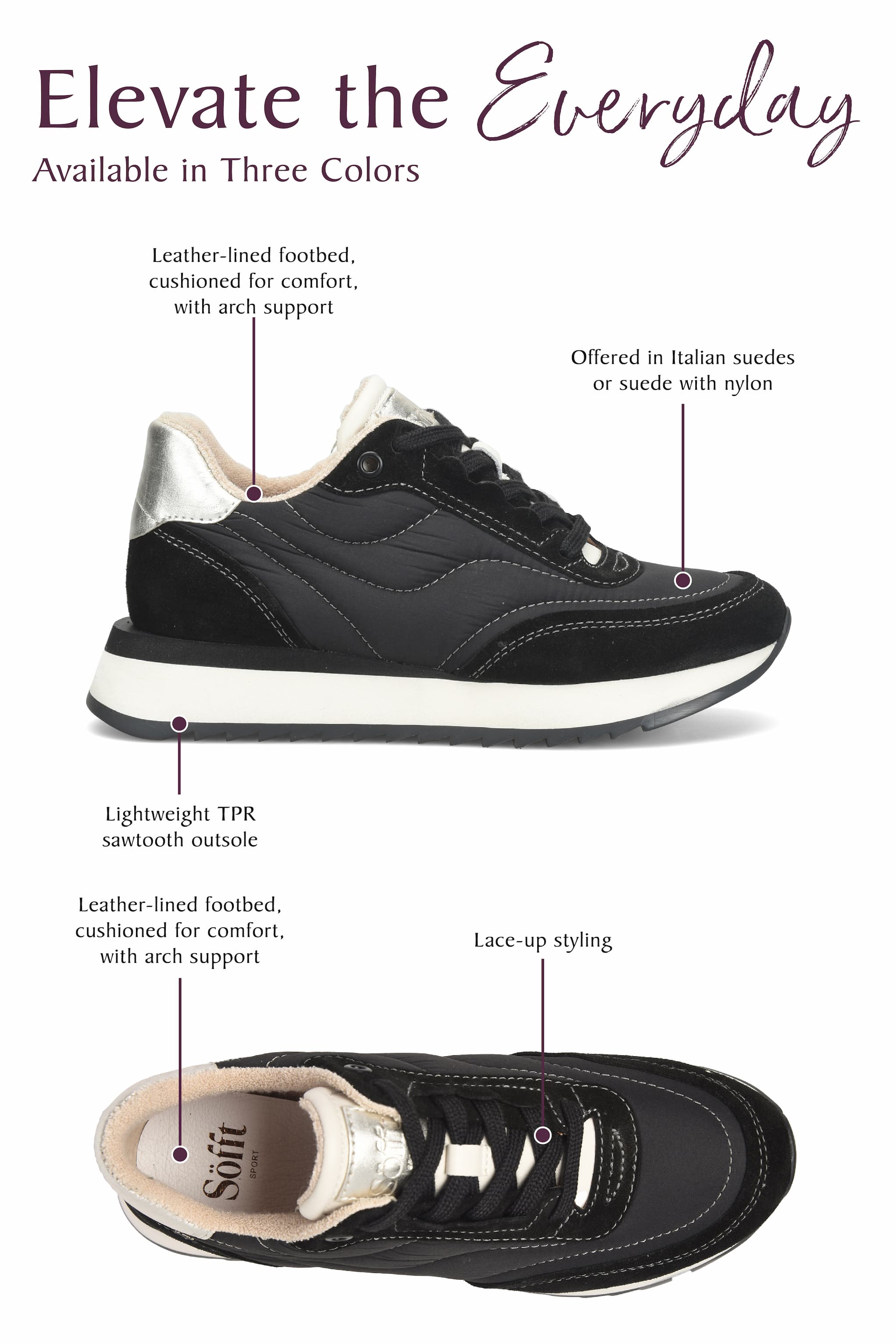 Jacklyn Jogger in black – sleek comfort in three colors, crafted in Italian suede with arch support and lightweight sole.