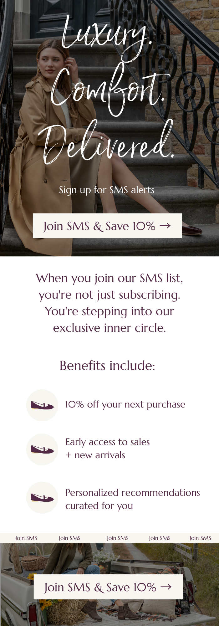 Model sitting on steps in a tan trench coat with text overlay reading: ‘Luxury. Comfort. Delivered.’ Promotion encouraging customers to join SMS alerts and save 10%. Benefits listed include 10% off next purchase, early access to sales and new arrivals, and personalized recommendations