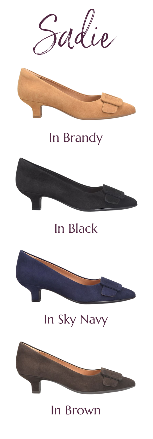 Four pairs of Sadie suede heels displayed vertically in different colors: Brandy (tan), Black, Sky Navy (dark blue), and Brown, each with a low heel and decorative bow on the toe