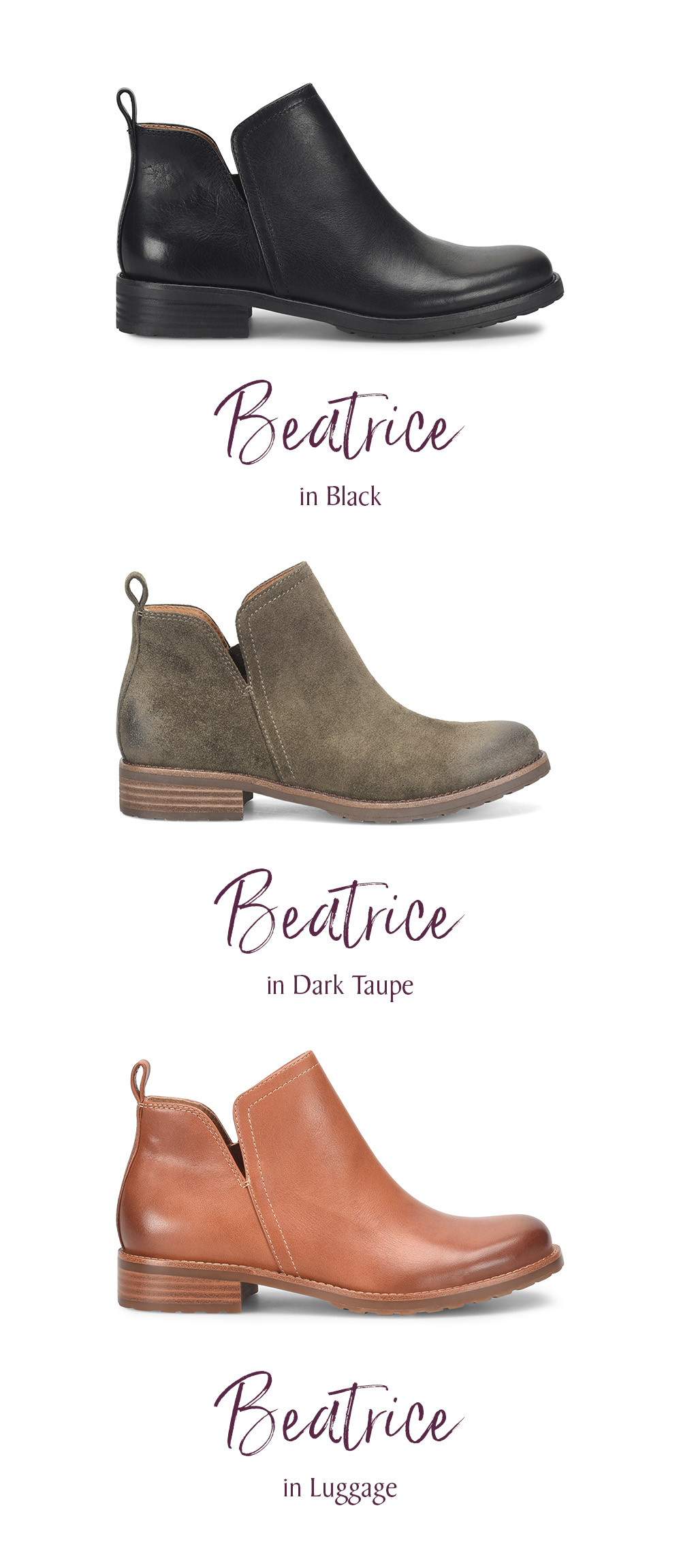 Beatrice ankle boots shown in Black, Dark Taupe, and Luggage colors