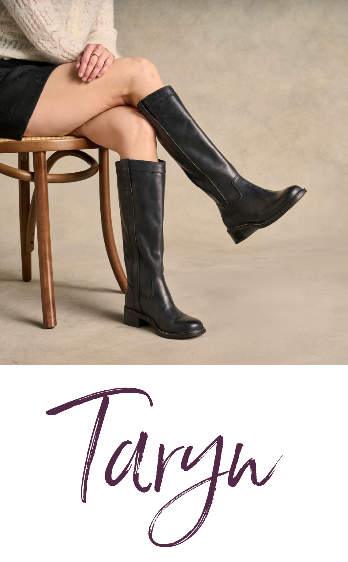 Sofft's Taryn with text that reads "These gorgeous Italian leather boots are designed to move you effortlessly through wet, drizzly weather in style."