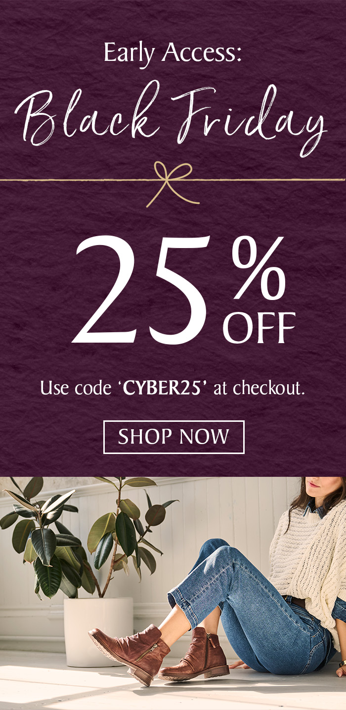 Black Friday early access banner offering 25% off with code CYBER25.