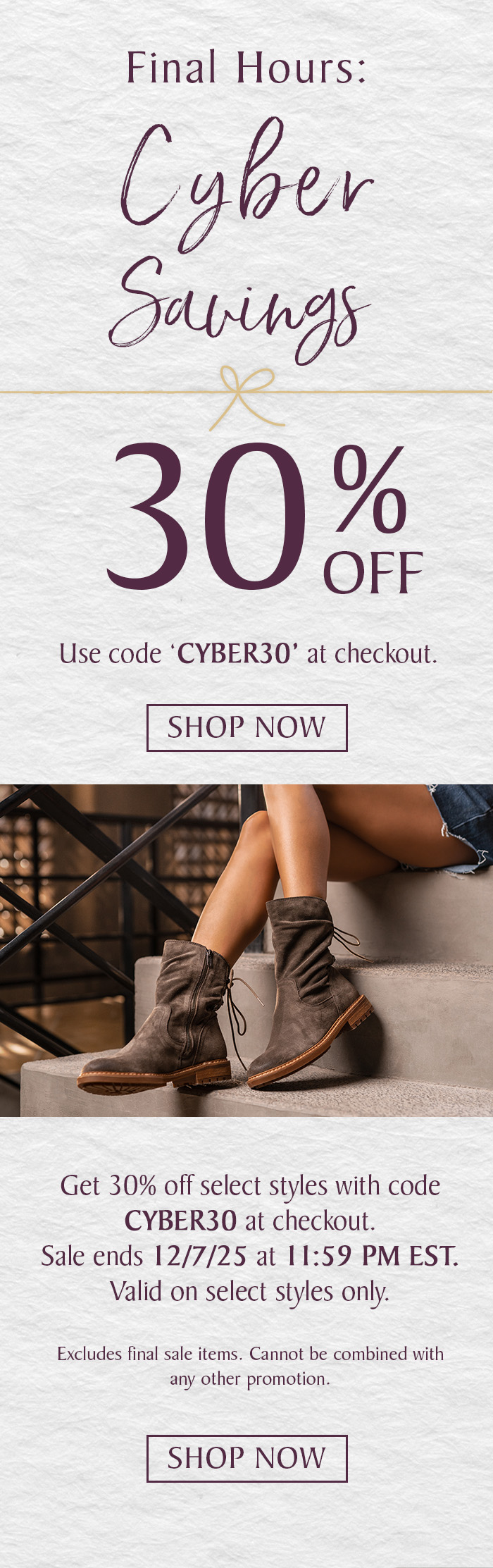 Cyber Monday banner offering 30% off with code CYBER30.