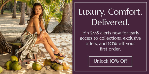 Luxury. Comfort. Delivered. Join SMS alerts now for early access to collections, exclusive offers, and 10% off your  first order. Unlock 10% Off. Image of a woman wearing a pair of Sofft shoes with legs hanging off the side of a truck.