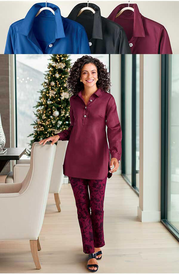 Easy-Care Stretch Woven Popover Tunic outfit