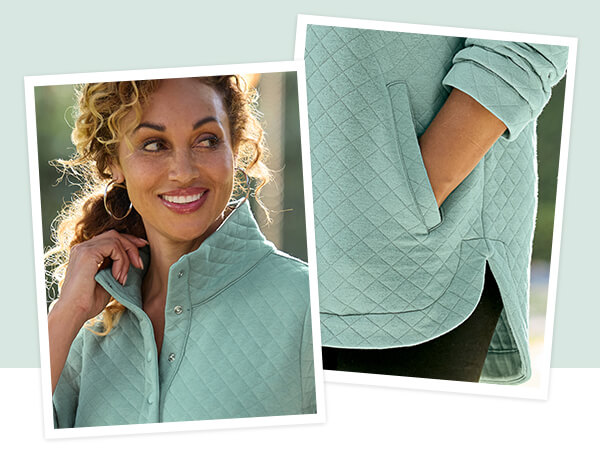 Quilted Jacquard Knit LS Popover Top