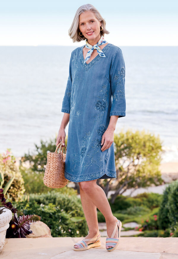 Floral Embroidered TENCEL™ 3/4 Slv Dress