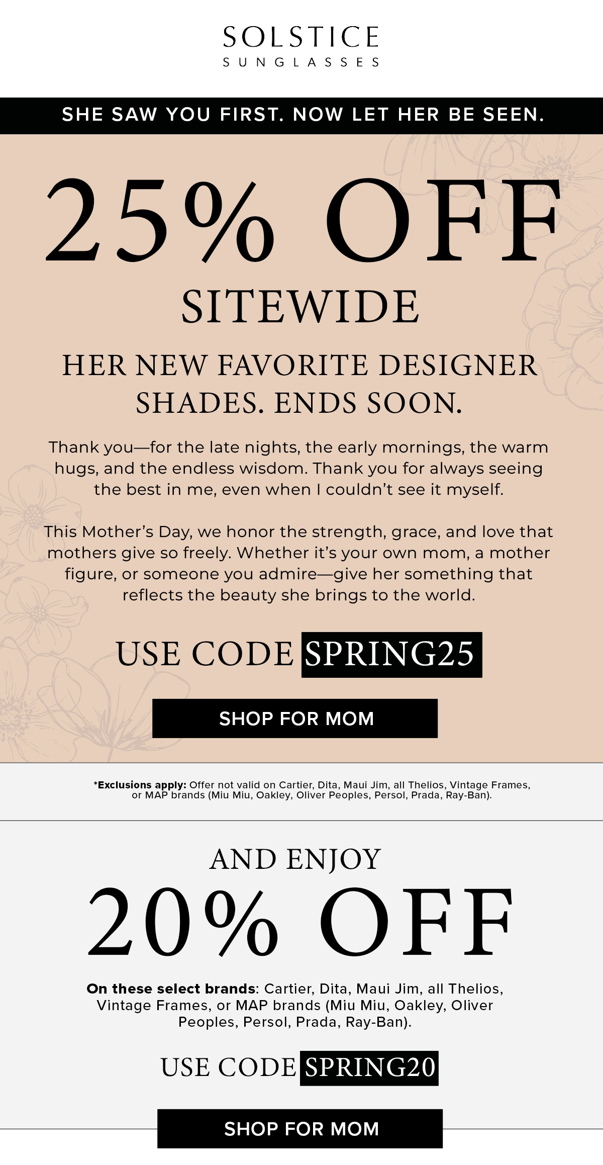Use code SPRING25 or Use code SPRING20