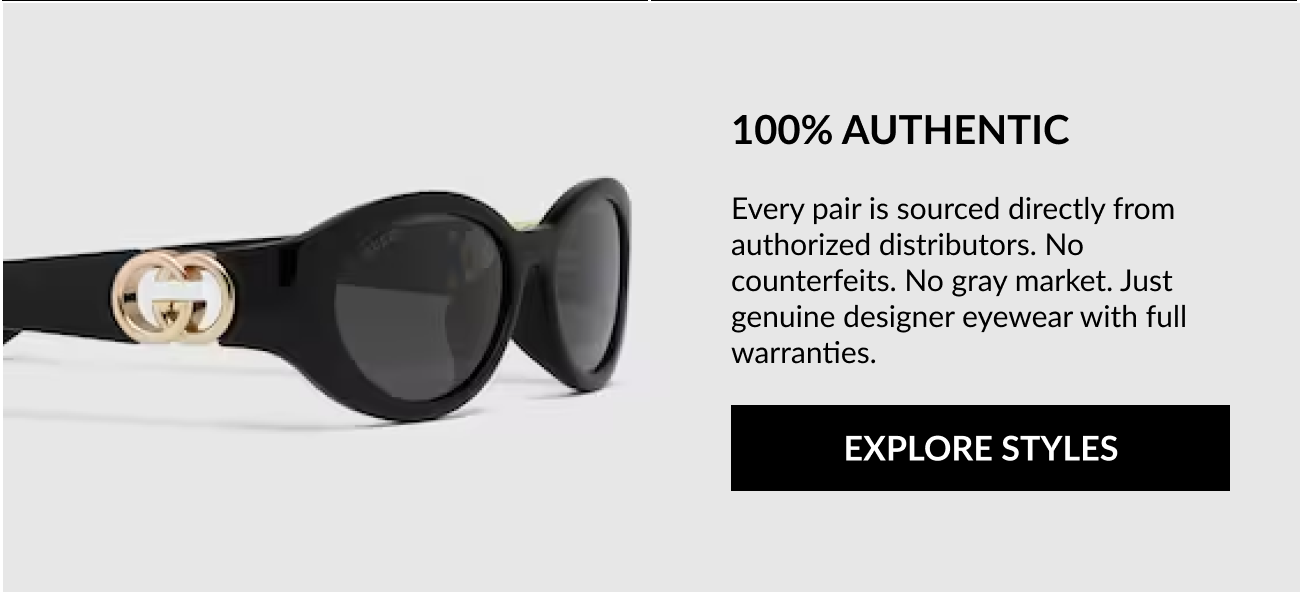 Black Gucci sunglasses with gold logo beside text about authenticity