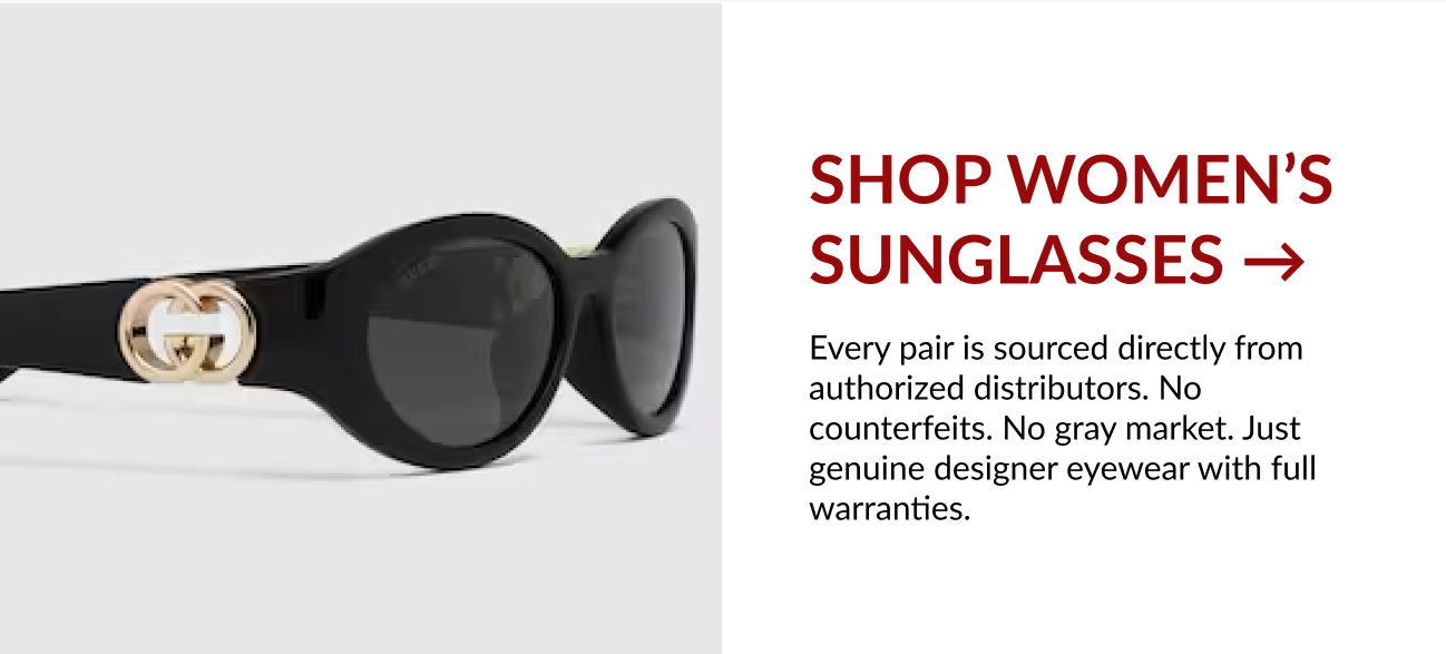 Women’s black designer sunglasses with product description.
