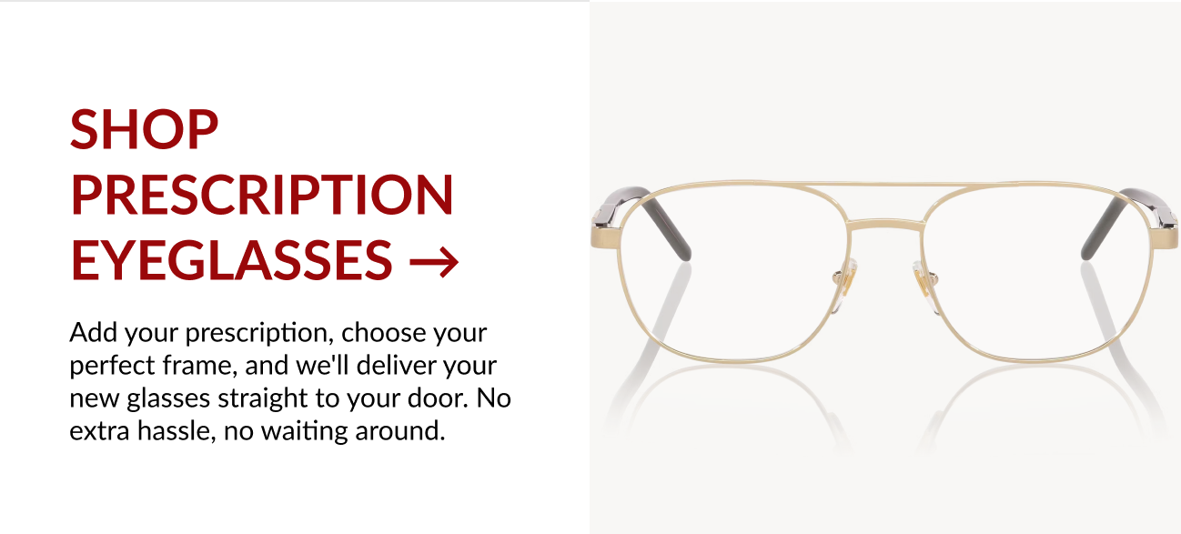 Gold prescription eyeglasses with product description.