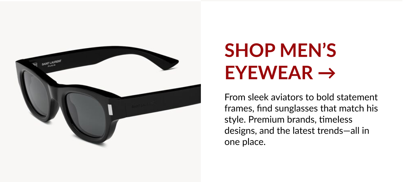 Men’s black designer sunglasses with product description.