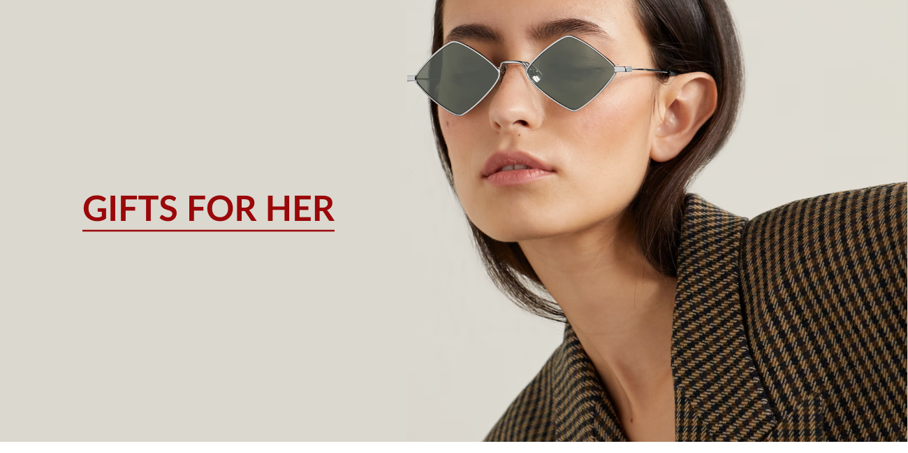 Woman Wearing Geometric Silver Sunglasses Next to Headline “Gifts for Her”