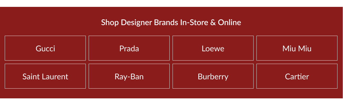 Grid of Designer Brand Buttons Including Gucci, Prada, Loewe, Miu Miu, Saint Laurent, Ray-Ban, Burberry, and Cartier