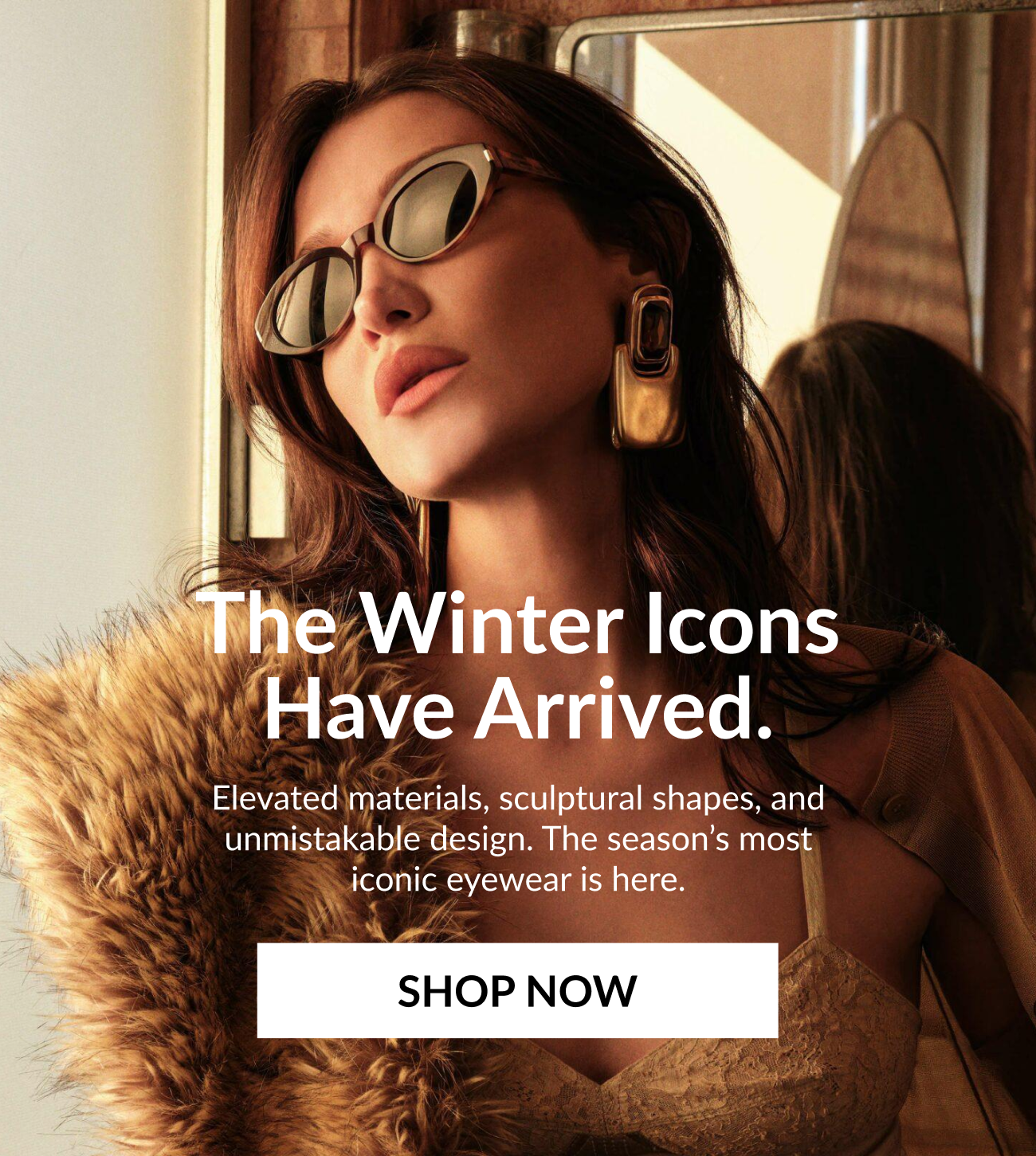 Woman wearing winter sunglasses and fur-textured coat, showcasing the Winter Icons collection