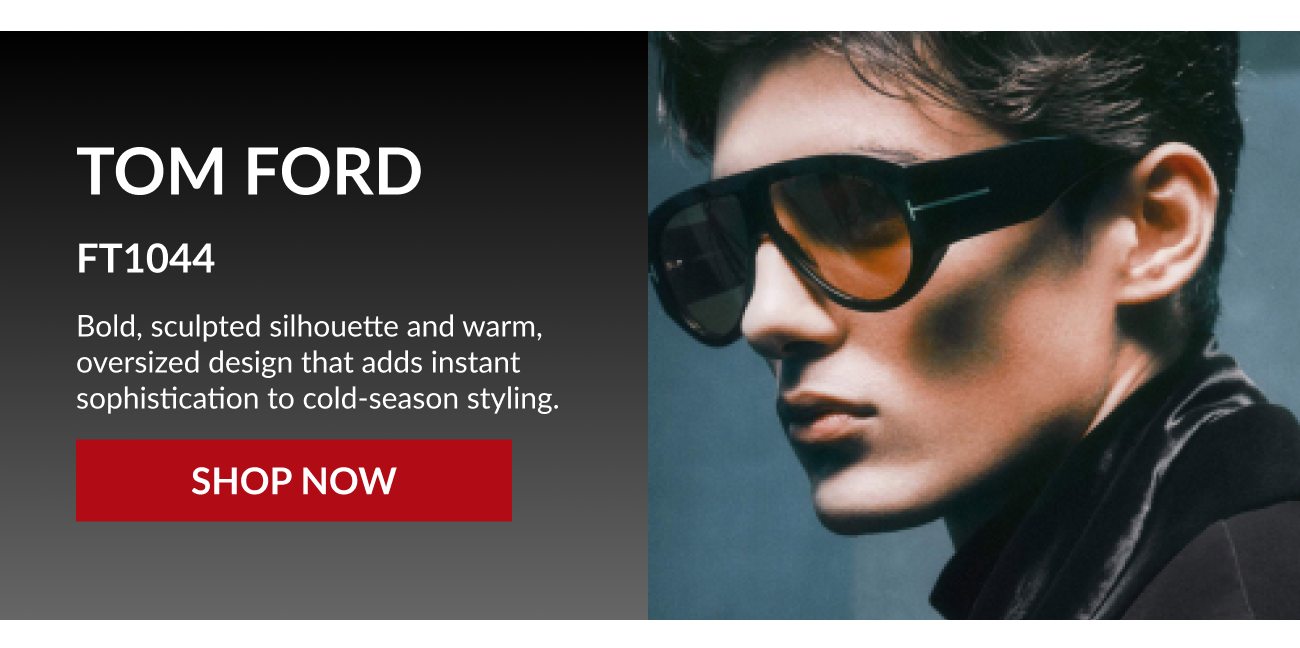 Tom Ford FT1044 oversized sunglasses worn by a male model with a sleek cold-season look.