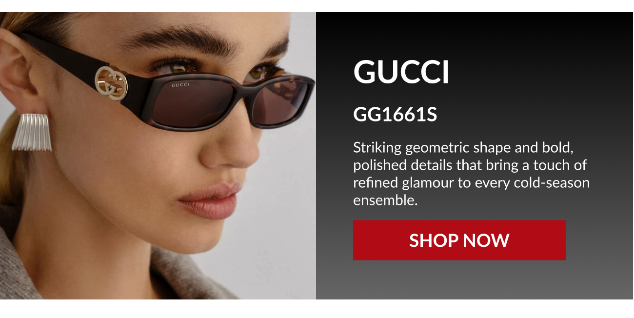 Gucci GG1661S sunglasses worn by a model with geometric frame details and polished accents.