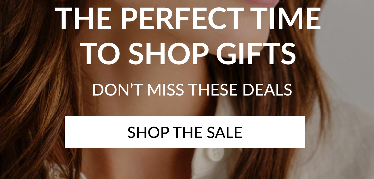 Promotional hero image reading “The perfect time to shop gifts” with a call-to-action button to shop the sale.