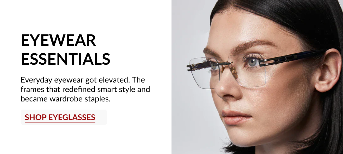 Model wearing modern rimless eyeglasses with minimalist metal detailing for everyday style.