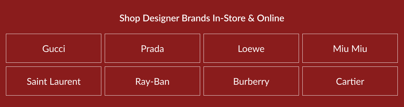 Shop designer eyewear brands including Gucci, Prada, Loewe, Miu Miu, Saint Laurent, Ray-Ban, Burberry, and Cartier.