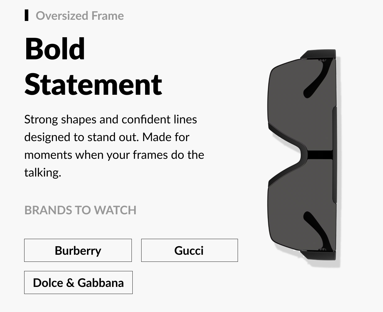 Oversized black sunglasses shown vertically on a white background next to text reading “Bold Statement,” describing strong shapes and confident lines, with brand buttons for Burberry, Gucci, and Dolce & Gabbana.