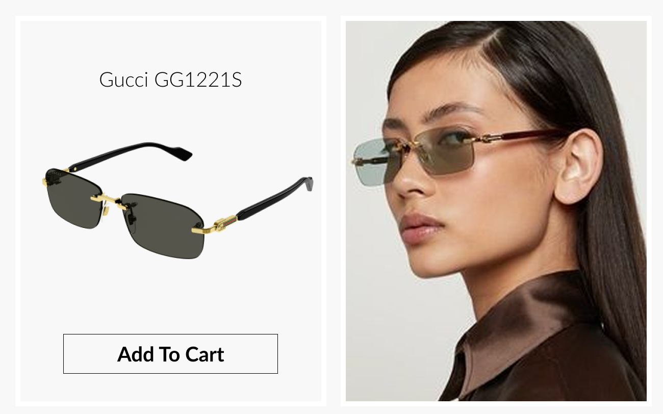 Product image of Gucci GG1221S sunglasses featuring slim rectangular lenses with black frames and gold accents.. Model wearing Gucci GG1221S sunglasses, shown from a three-quarter profile against a neutral background.