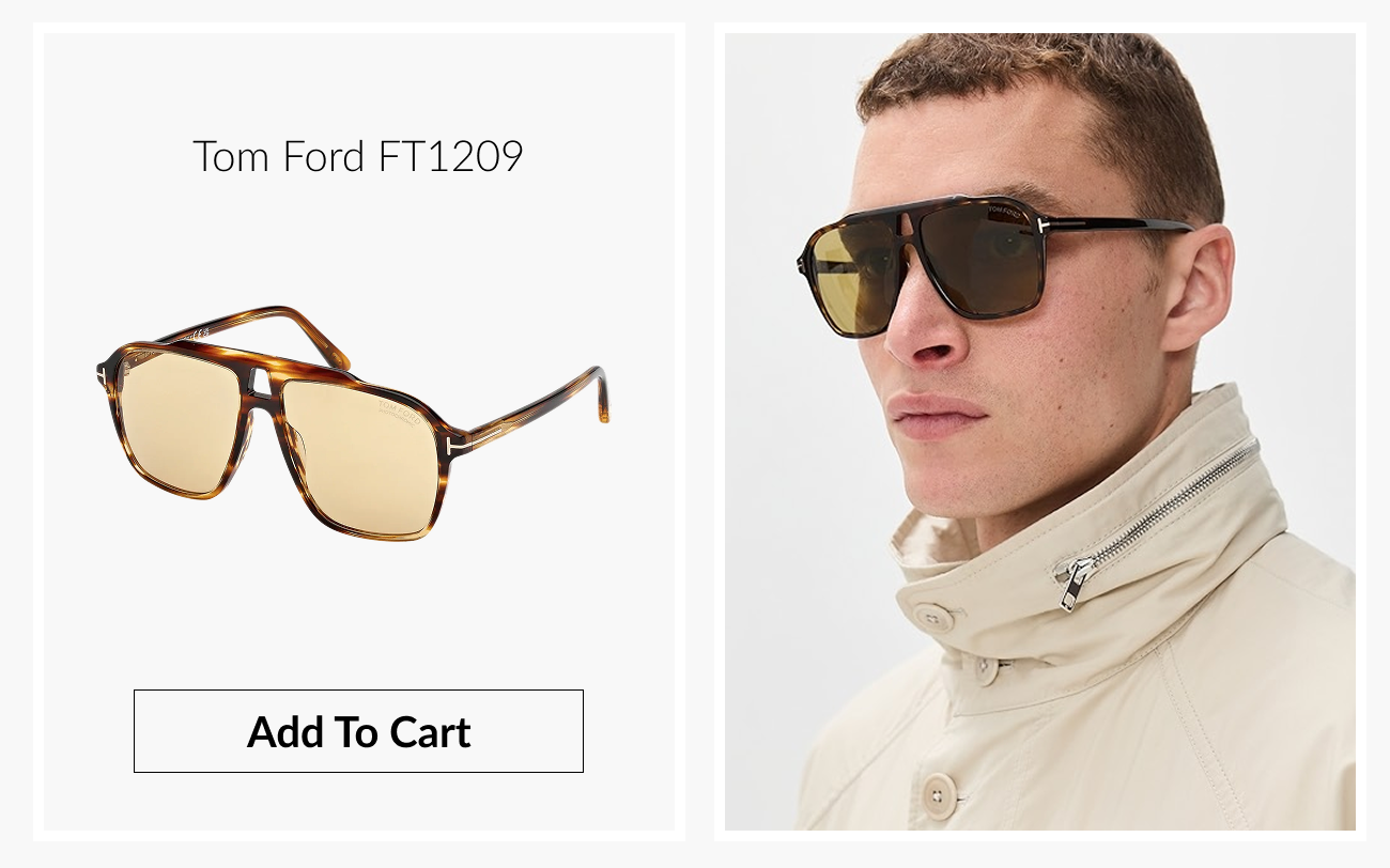 Product image of Tom Ford FT1209 sunglasses with a bold square frame in tortoiseshell and gradient lenses. Model wearing Tom Ford FT1209 sunglasses, shown in a neutral studio setting wearing a light-colored jacket. 