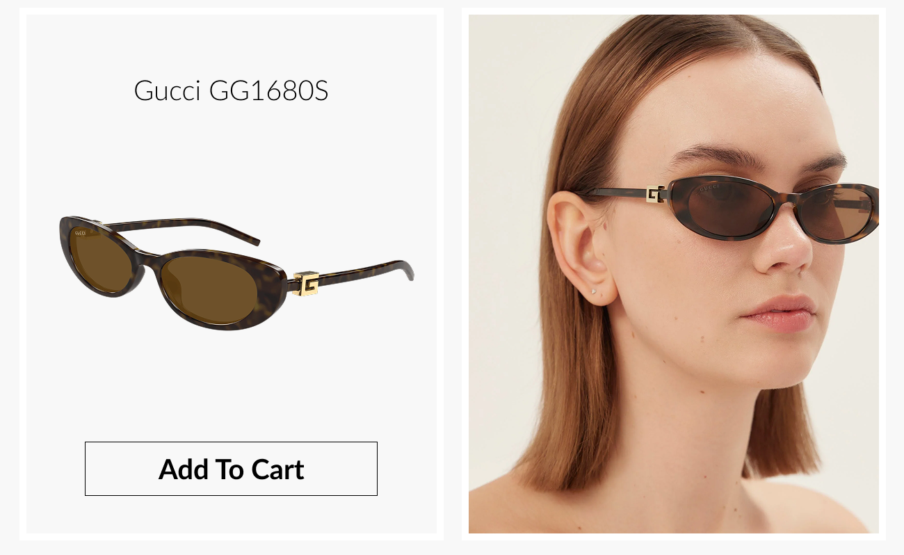 Product image of Gucci GG1680S sunglasses with narrow oval lenses and a dark tortoiseshell frame with gold detailing. Model wearing Gucci GG1680S sunglasses, shown from the side with a minimalist, neutral background. 