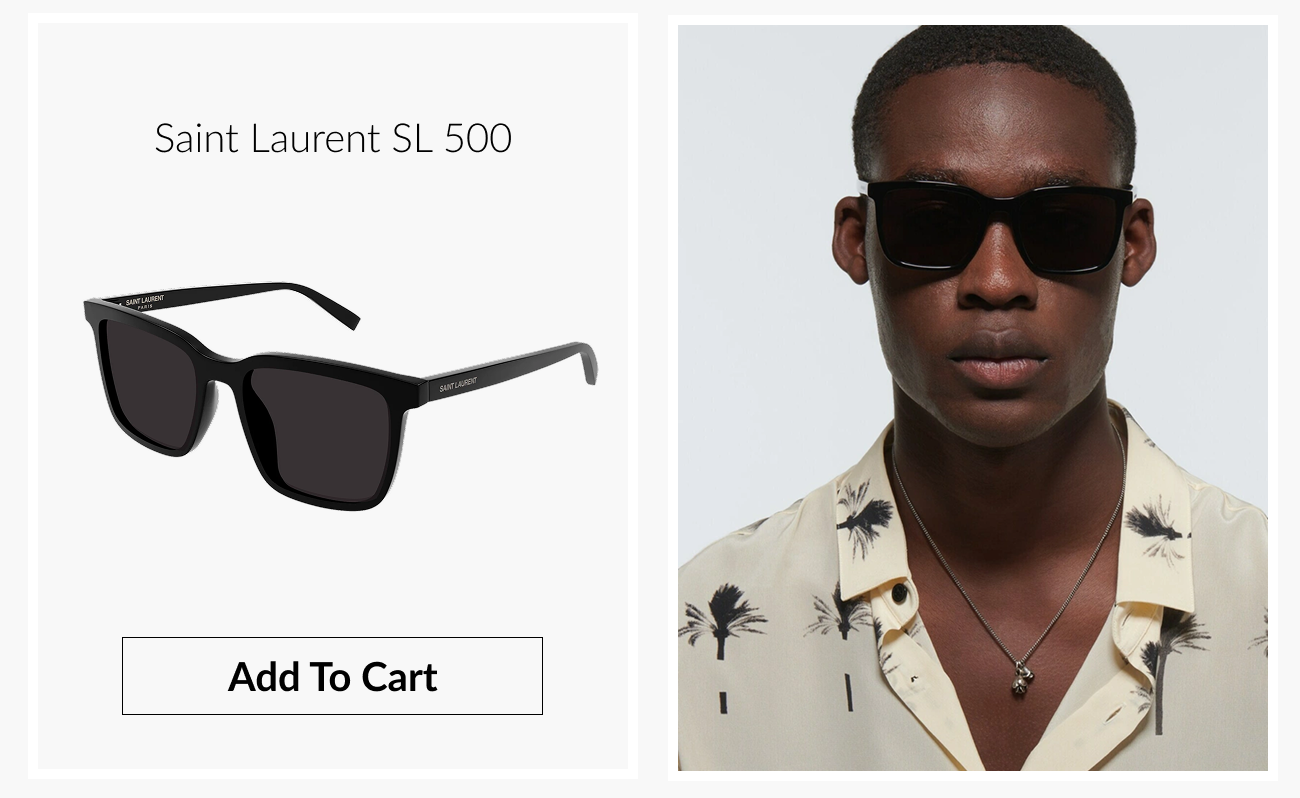 Product image of Saint Laurent SL 500 sunglasses with classic rectangular black frames and dark lenses. Model wearing Saint Laurent SL 500 sunglasses, facing forward in a studio portrait with a patterned shirt. 