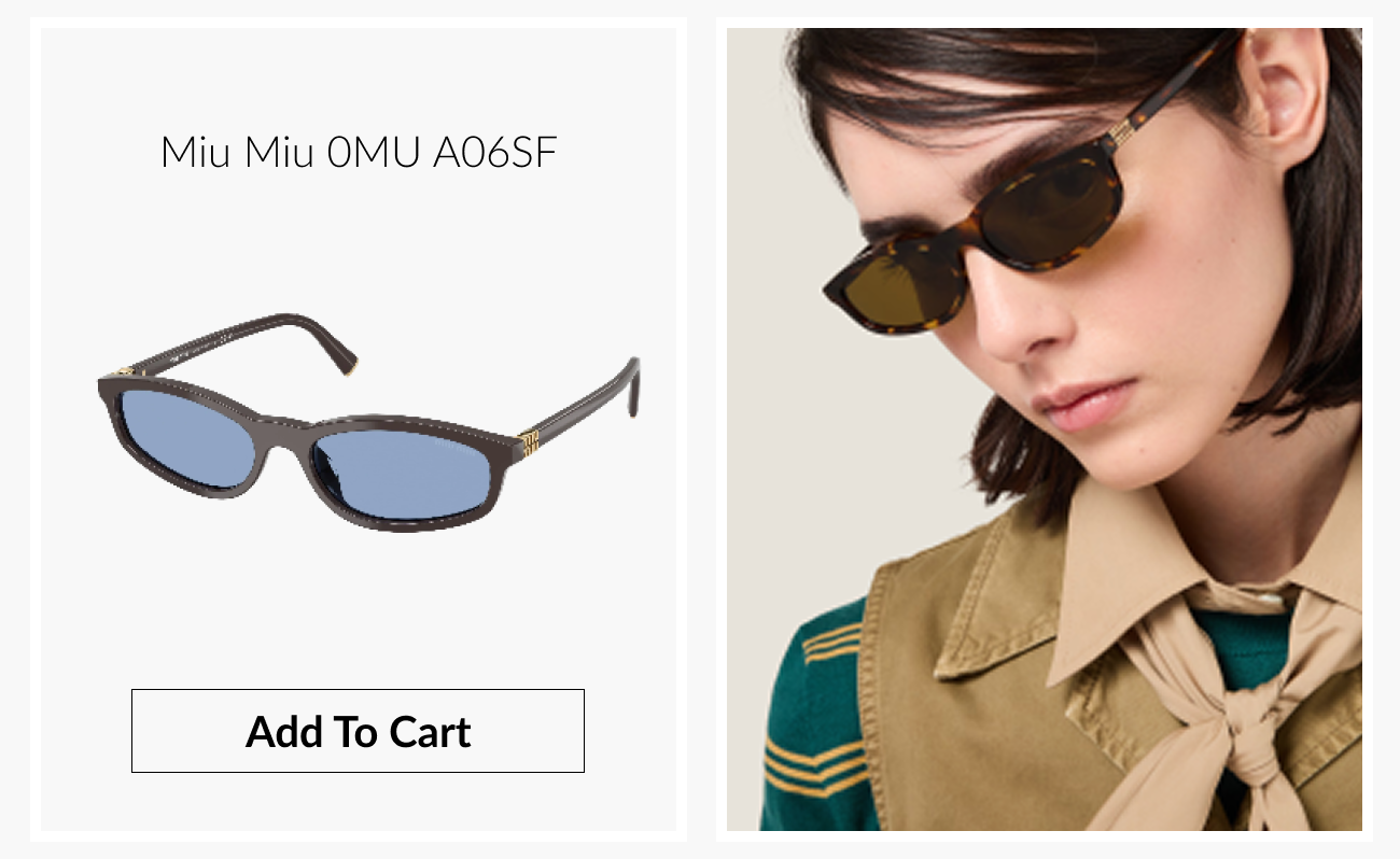 Product image of Miu Miu OMU A06SF sunglasses featuring slim rectangular frames with blue-tinted lenses. Model wearing Miu Miu OMU A06SF sunglasses, styled in a fashion editorial pose against a neutral backdrop.