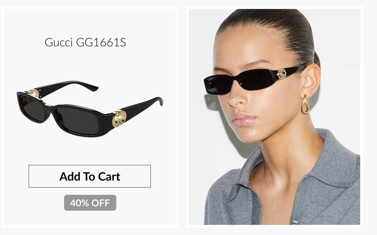 Gucci GG1661S black sunglasses with gold logo detailing on the temples, displayed next to a model wearing the frames and labeled 40% off.