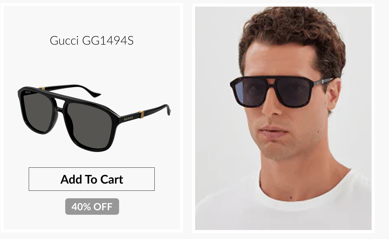 Gucci GG1494S black square sunglasses featured with a male model wearing the style, shown with 40% off pricing.