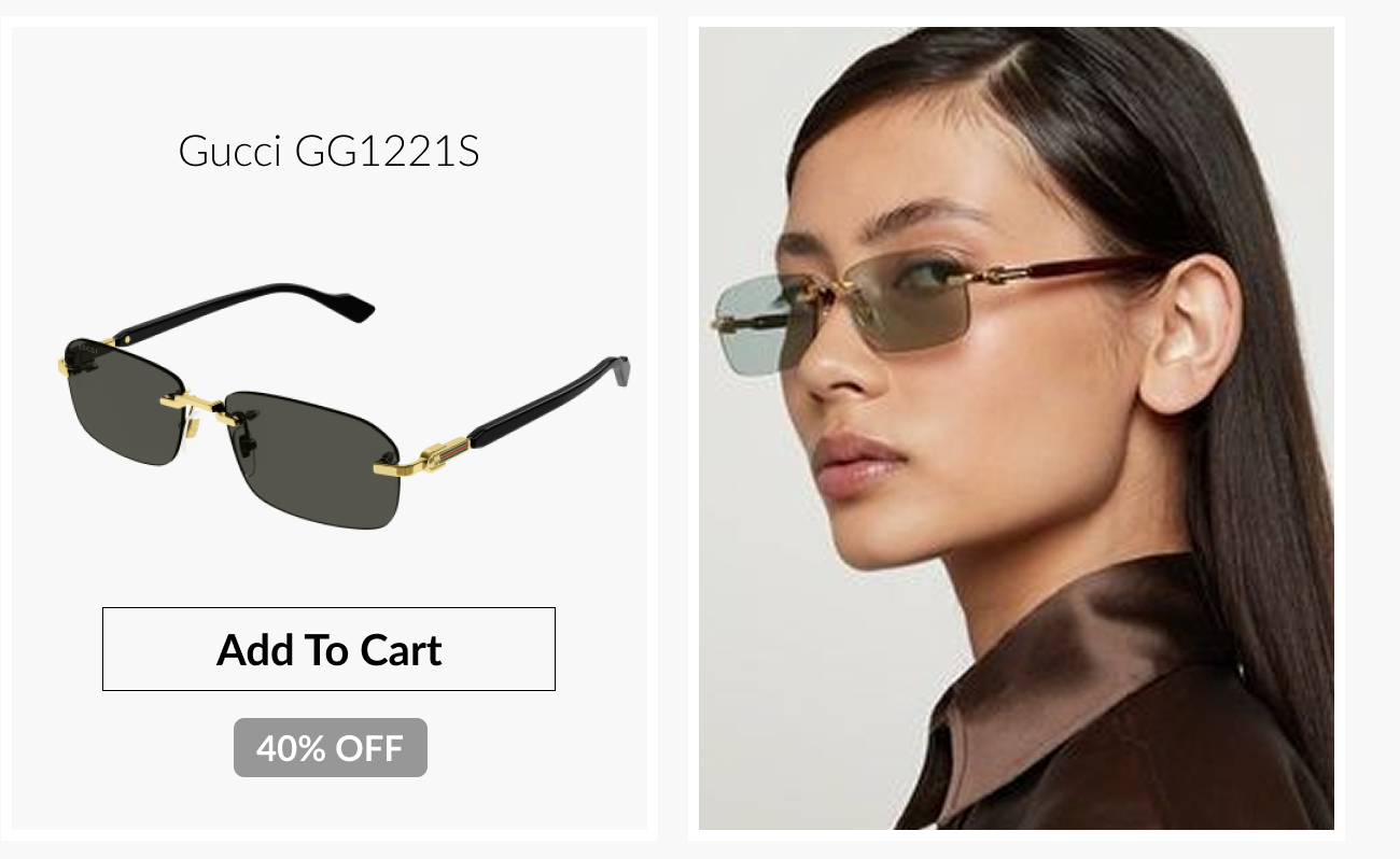 Gucci GG1221S narrow rectangular sunglasses with gold accents, displayed alongside a model wearing the frames and marked 40% off.