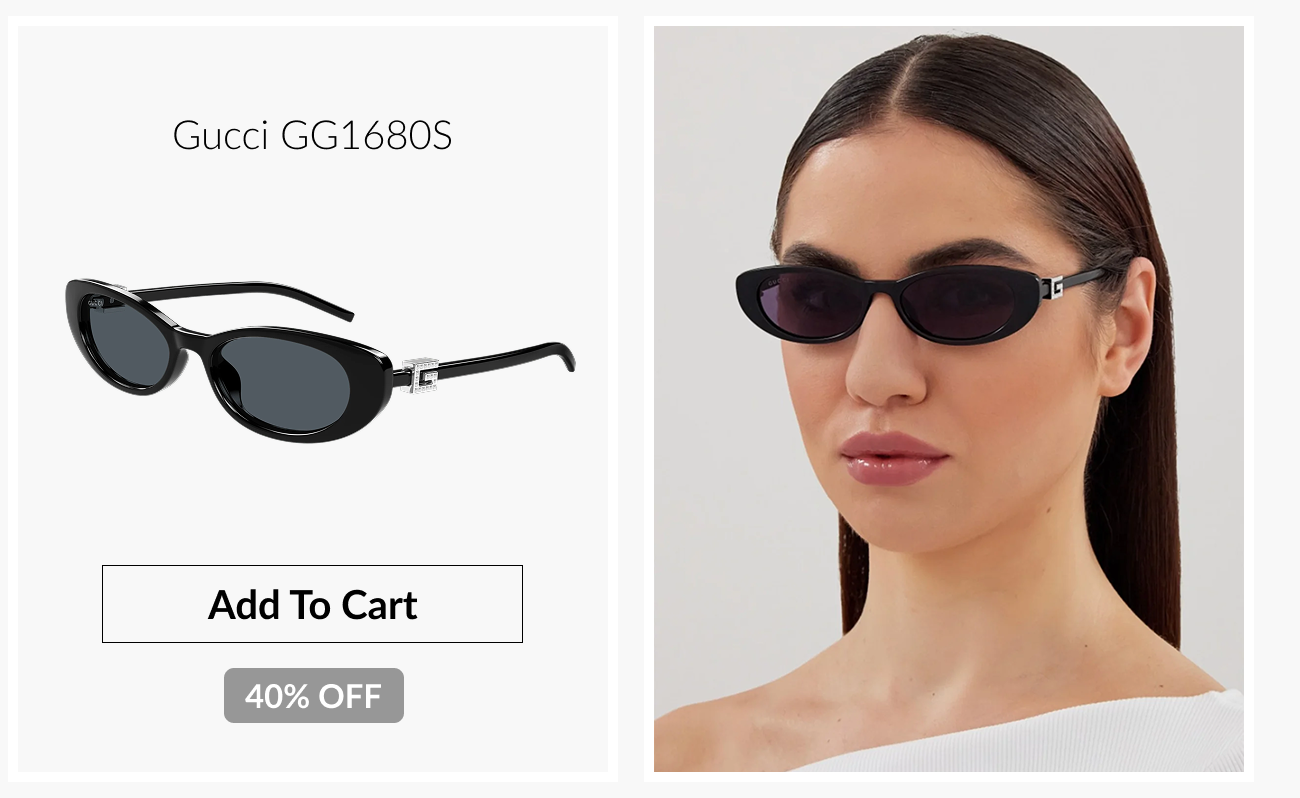 Gucci GG1680S oval tortoiseshell sunglasses shown next to a model wearing the style, highlighted with 40% off savings.