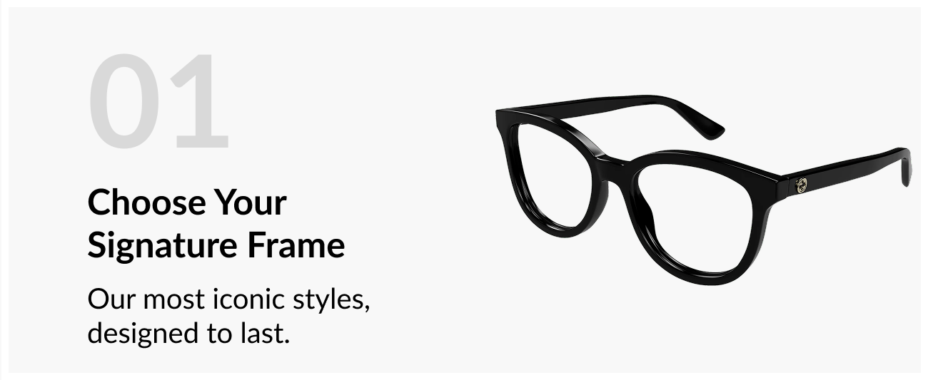 Product image of a black acetate eyeglass frame shown at an angle alongside text encouraging customers to choose a signature frame designed to last.